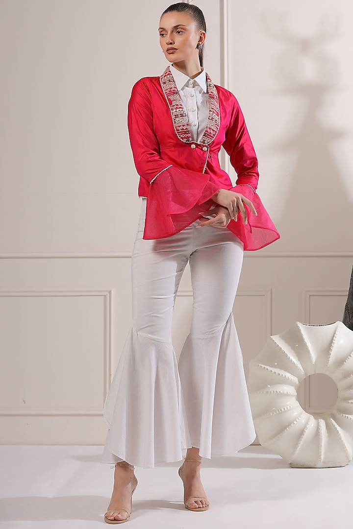 Pink Pure Silk Embroidered Blazer Set by Ashna Vaswani