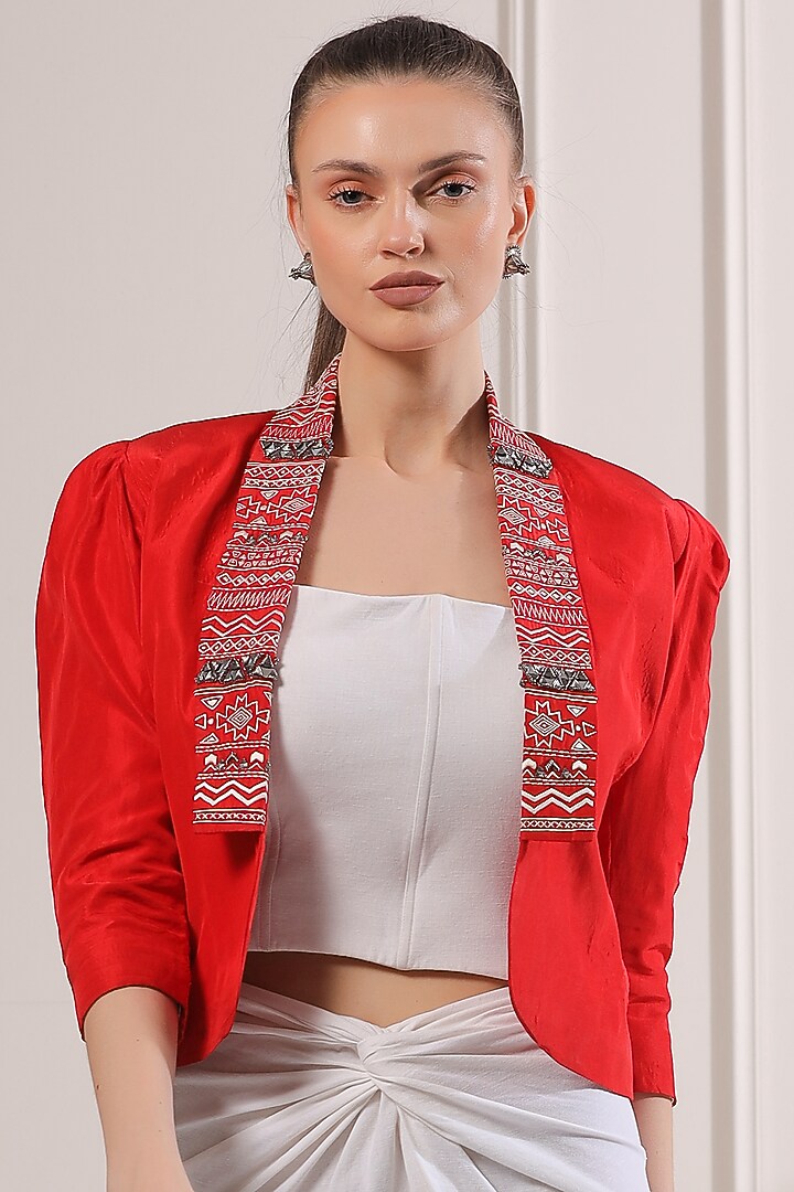 Red Pure Silk Embroidered Blazer Set by Ashna Vaswani at Pernia's Pop Up Shop