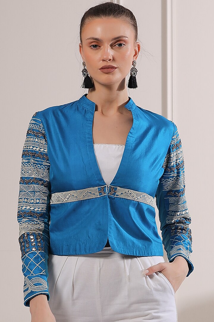 Blue Pure Silk Blazer Set by Ashna Vaswani at Pernia's Pop Up Shop