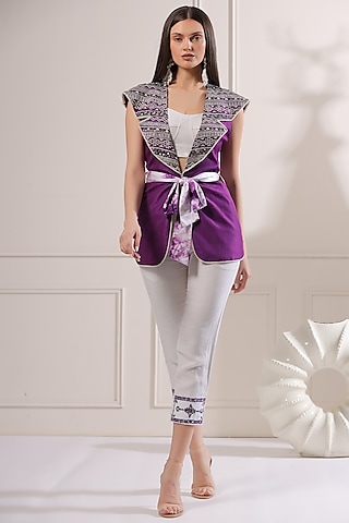 Purple Pure Silk Embroidered Blazer Set by Ashna Vaswani