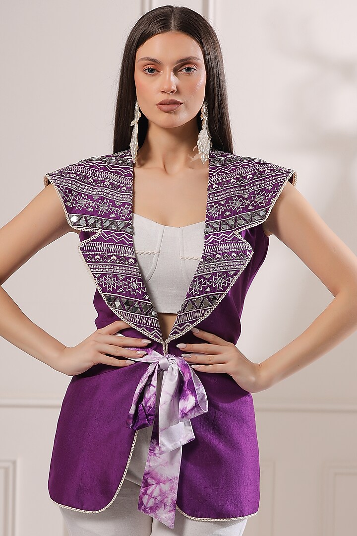 Purple Pure Silk Embroidered Blazer Set by Ashna Vaswani at Pernia's Pop Up Shop