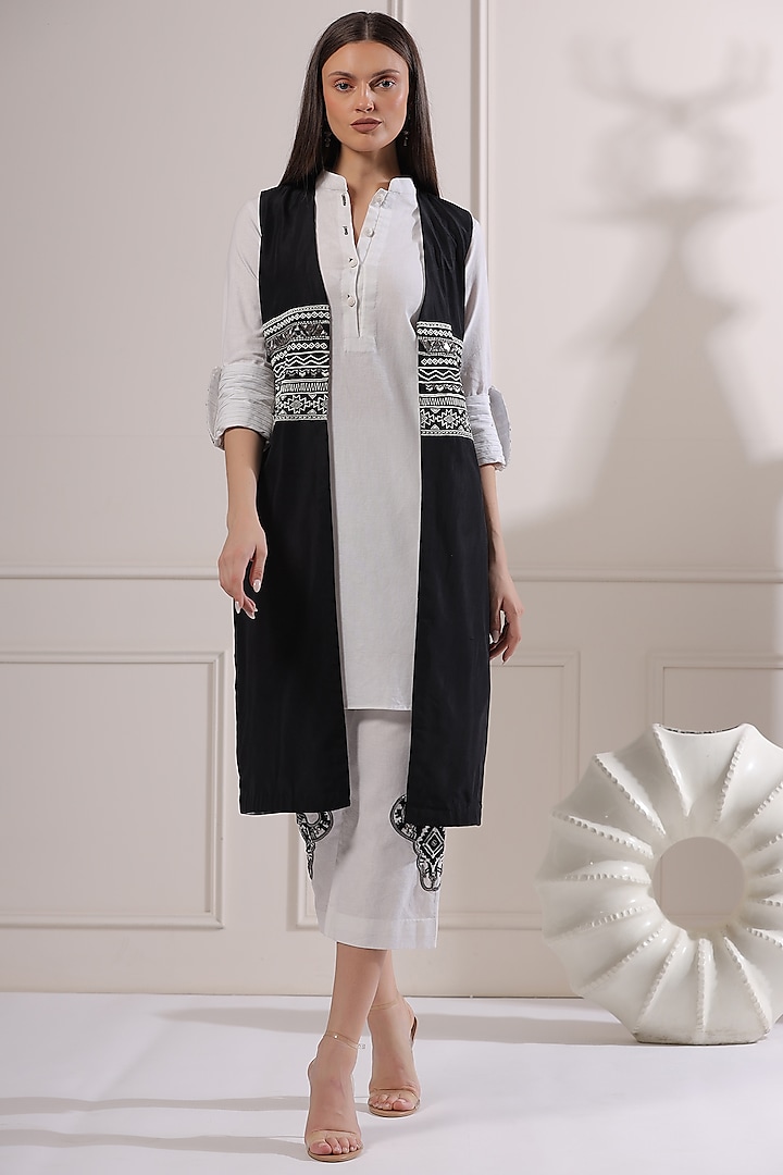 White Linen Kurta Set With Jacket by Ashna Vaswani