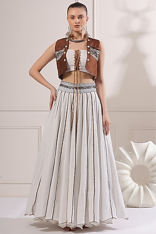 White Linen Skirt Set With Jacket by Ashna Vaswani