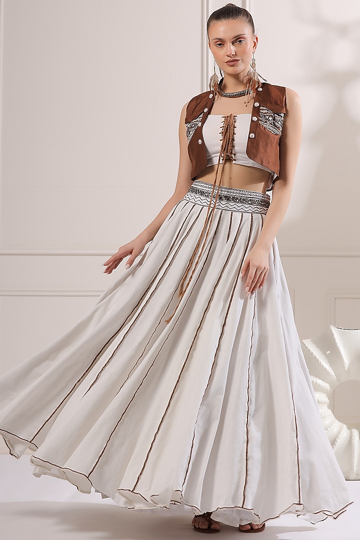 White Linen Skirt Set With Jacket by Ashna Vaswani at Pernia's Pop Up Shop