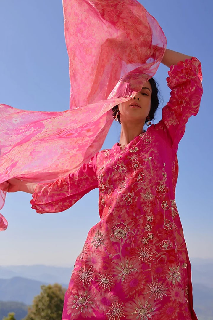 Fuchsia Natural Bemberg Silk Digital Printed Wedding Sharara Set by Archana Shah at Pernia's Pop Up Shop