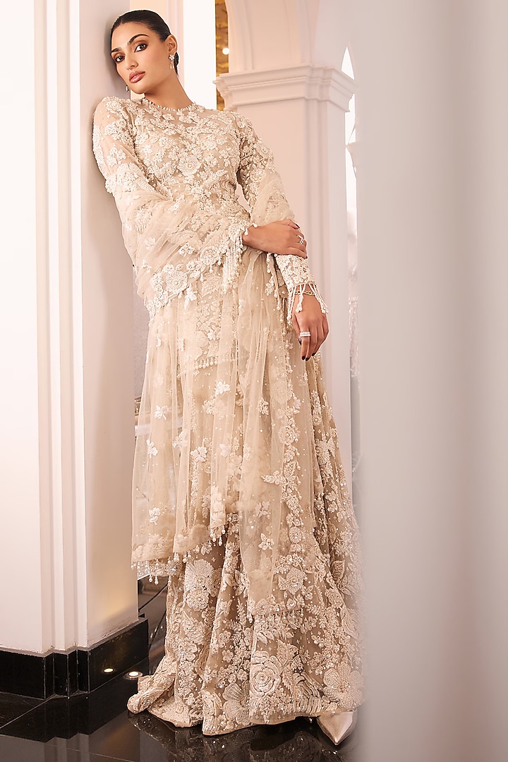 Nude Net Bead Embroidered Bridal Sharara Set by Seema Gujral at Pernia's Pop Up Shop