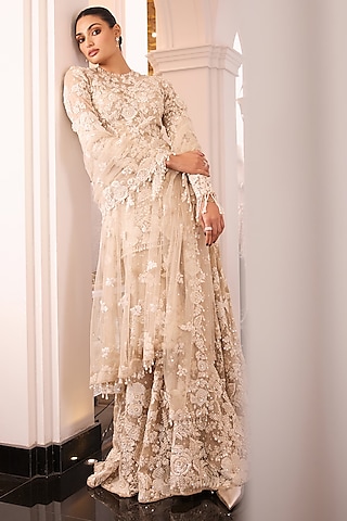 Nude Net Bead Embroidered Sharara Set by Seema Gujral