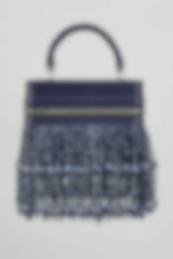 Navy Blue Faux Leather Crystal Latkan Embroidered Handbag by Aanchal Sayal