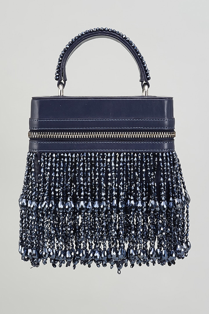 Navy Blue Faux Leather Crystal Latkan Embroidered Handbag by Aanchal Sayal