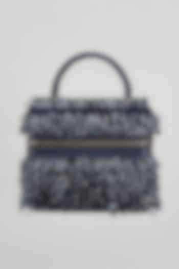 Midnight Blue Suede Tube & Holographic Embroidered Fiddle Bag by Aanchal Sayal