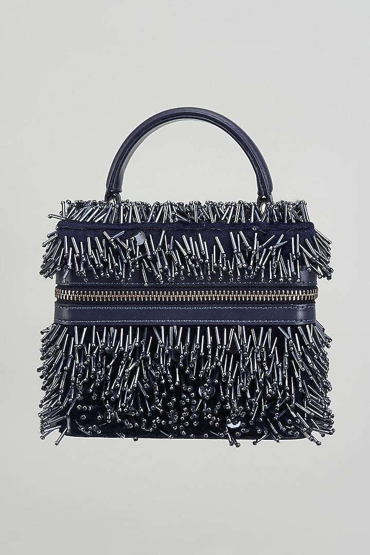 Midnight Blue Suede Tube & Holographic Embroidered Fiddle Bag by Aanchal Sayal