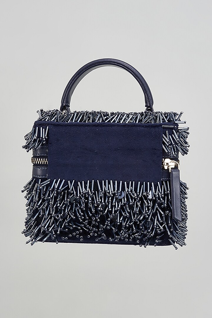 Midnight Blue Suede Tube & Holographic Embroidered Fiddle Bag by Aanchal Sayal at Pernia's Pop Up Shop