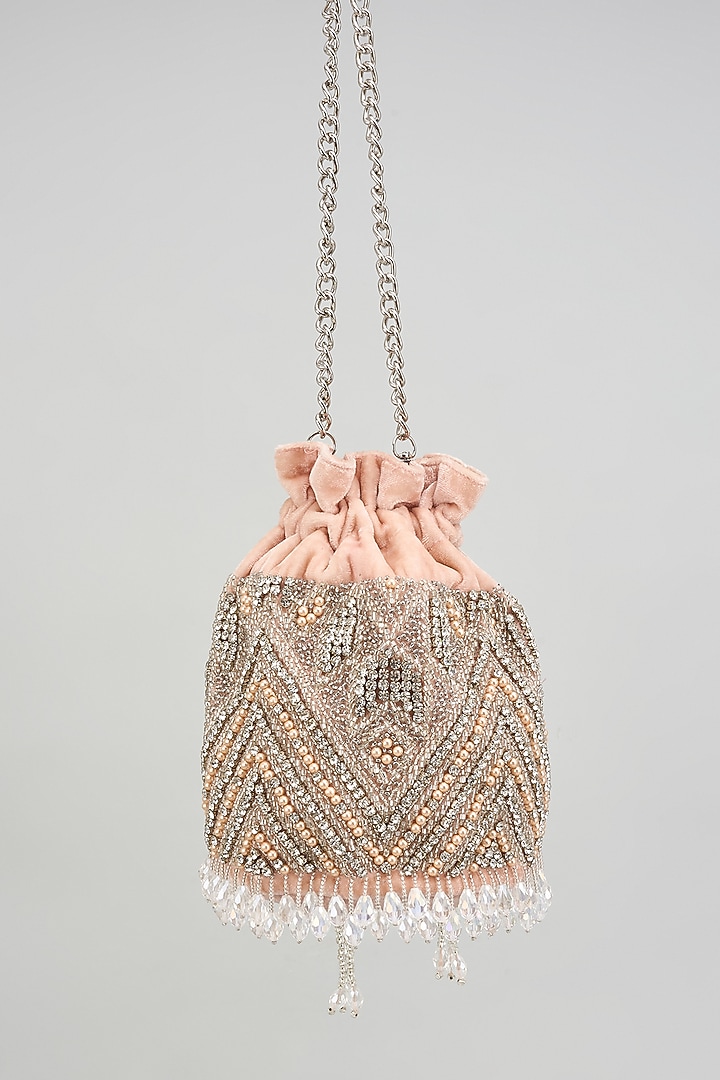 Blush PInk Velvet Swarovski & Crystal Embroidered Bucket Bag by Aanchal Sayal at Pernia's Pop Up Shop