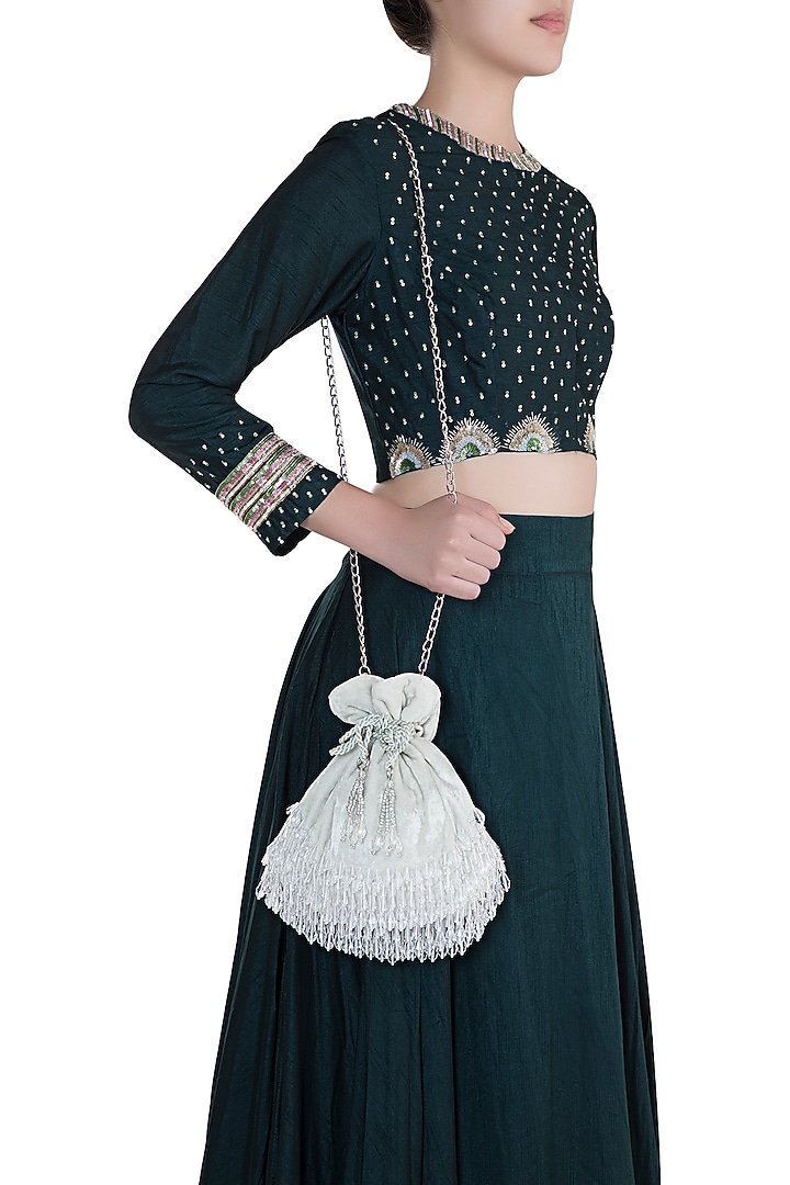 Mint Green Icy Beads & Pearl Embellished Potli by Aanchal Sayal at Pernia's Pop Up Shop