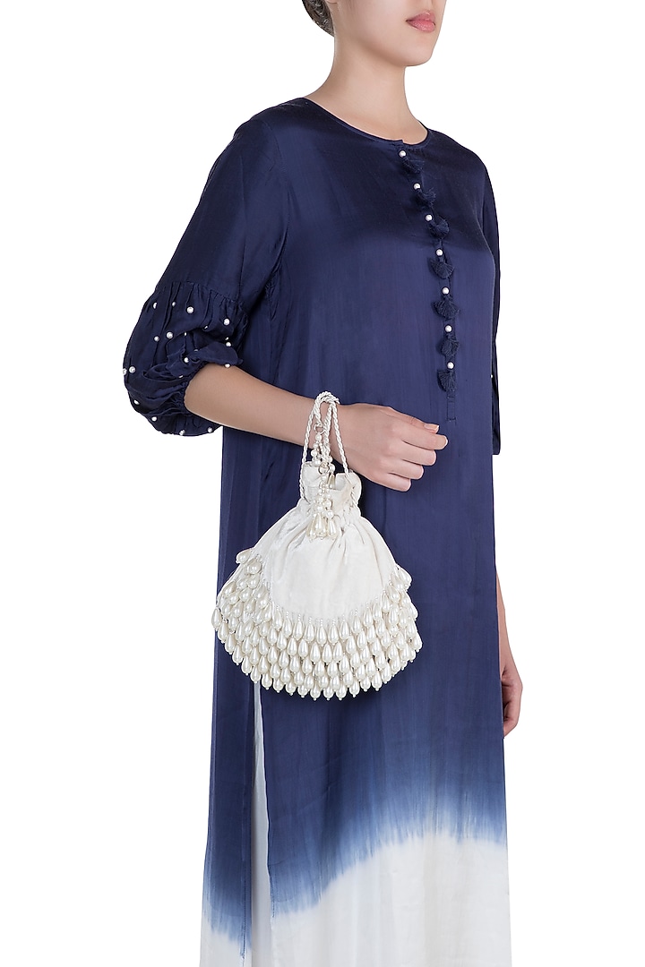 Ivory Pearl Embellished Velvet Potli by Aanchal Sayal at Pernia's Pop Up Shop