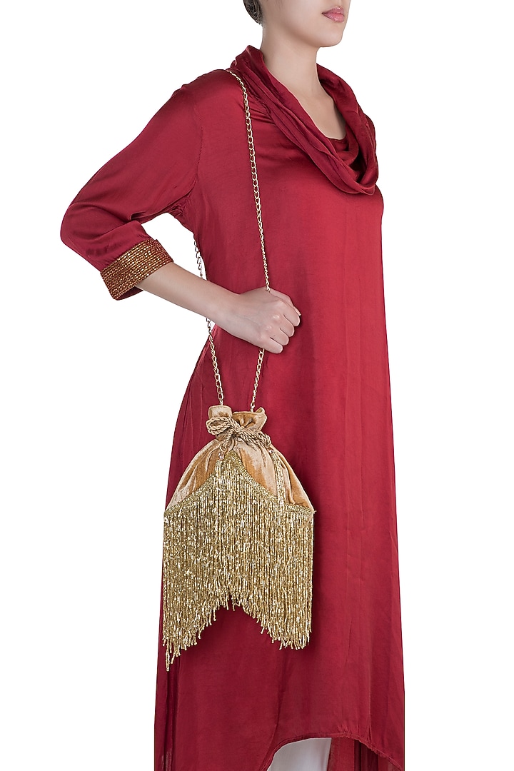 Gold Embellished Tasseled Potli by Aanchal Sayal at Pernia's Pop Up Shop