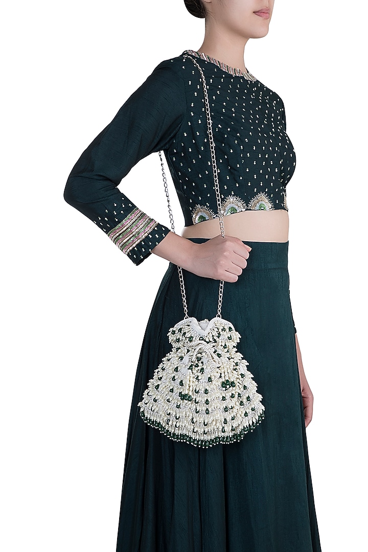 Ivory Embroidered Emerald Oyster Potli by Aanchal Sayal at Pernia's Pop Up Shop
