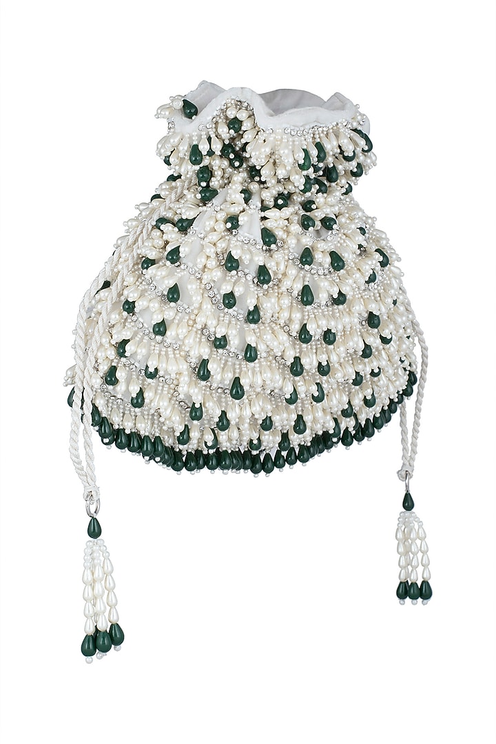 Ivory Embroidered Emerald Oyster Potli by Aanchal Sayal at Pernia's Pop Up Shop