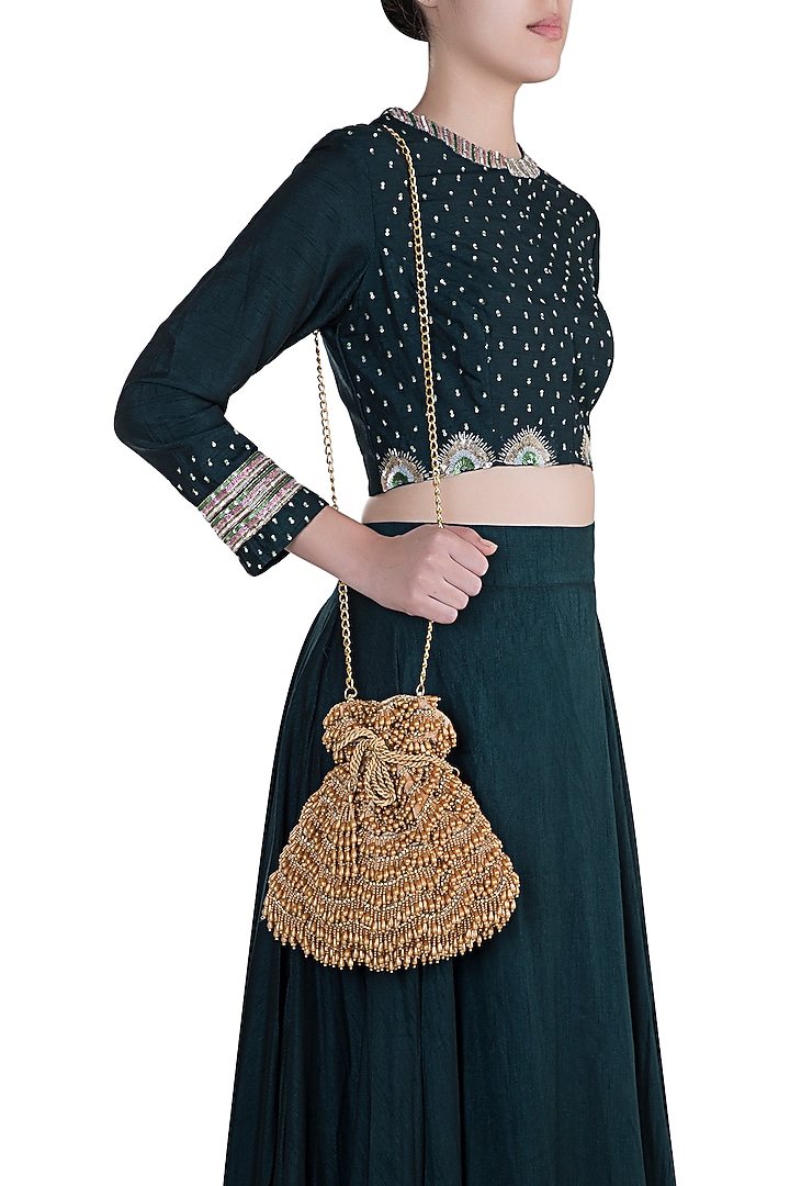 Deep Gold Embroidered Oyster Potli by Aanchal Sayal at Pernia's Pop Up Shop