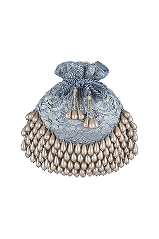Warm Grey Pearl & Lace Oyster Potli by Aanchal Sayal
