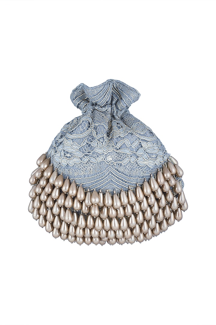 Warm Grey Pearl & Lace Oyster Potli by Aanchal Sayal at Pernia's Pop Up Shop