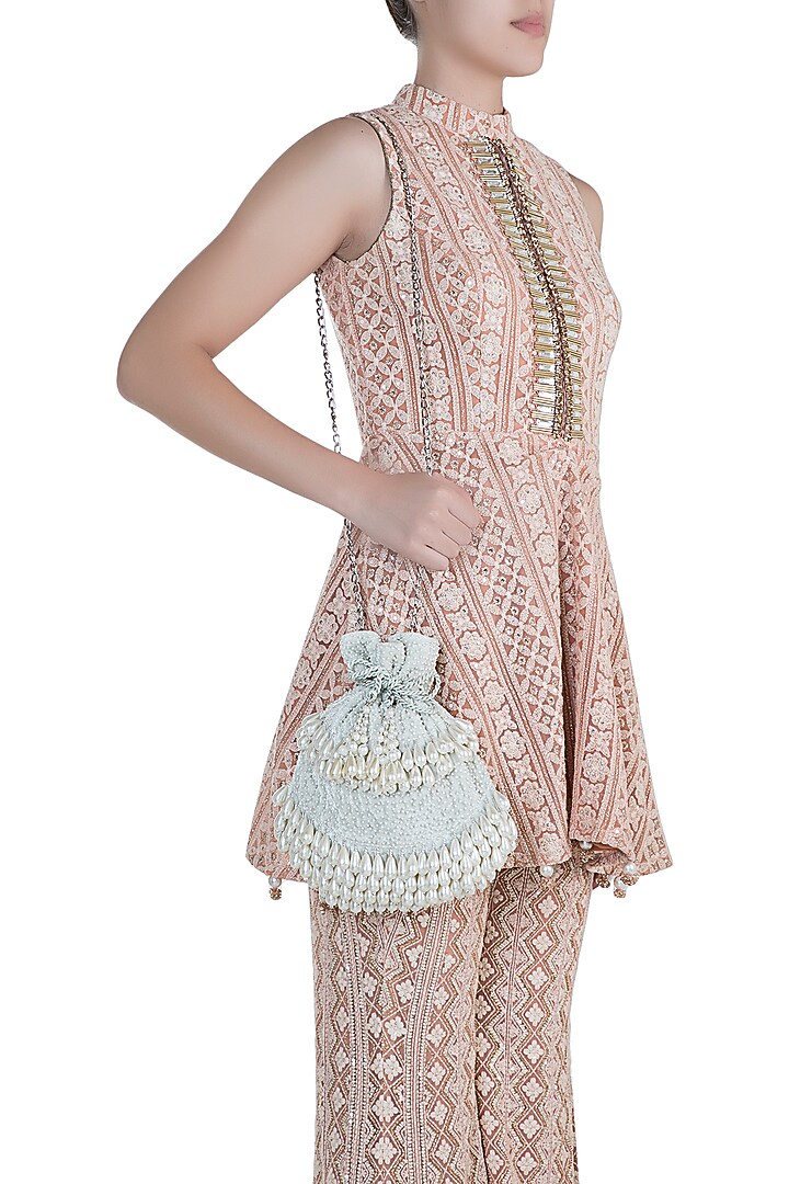 Mint Green Embellished Oyster Potli by Aanchal Sayal at Pernia's Pop Up Shop
