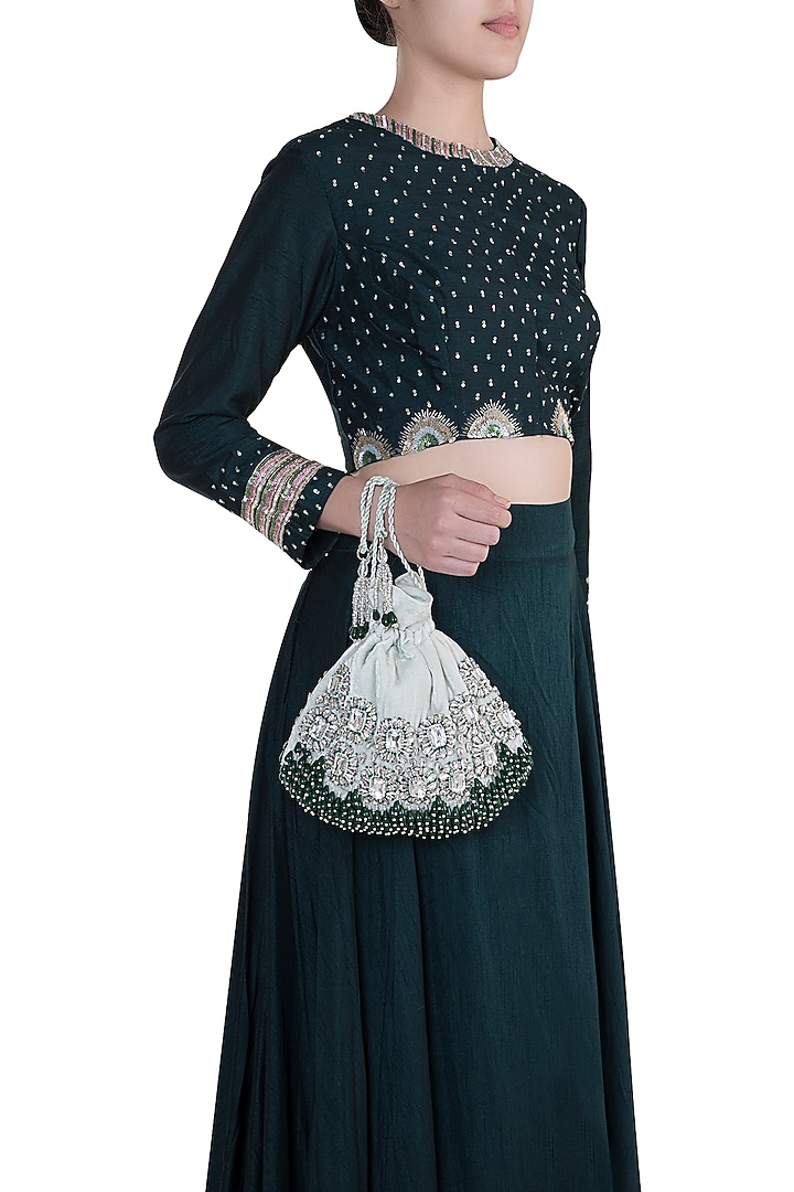 Ivory Emerald Embroidered Potli by Aanchal Sayal at Pernia's Pop Up Shop