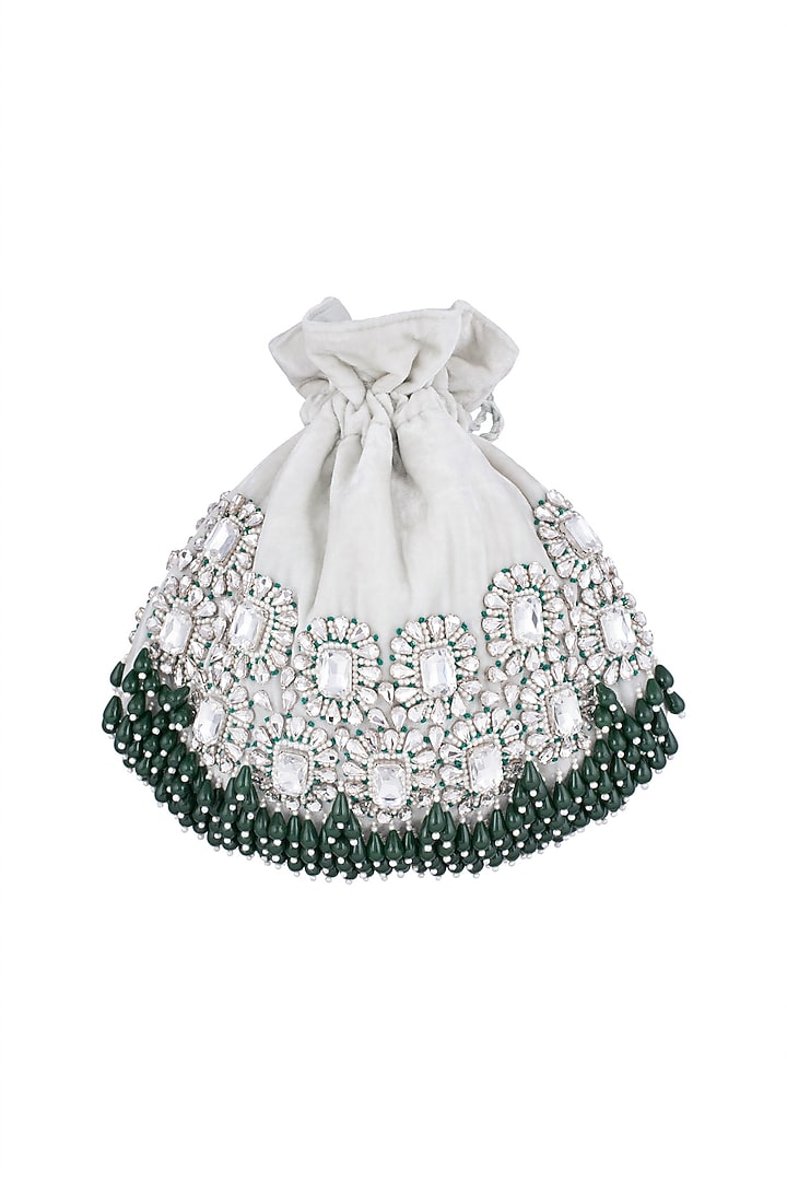 Ivory Emerald Embroidered Potli by Aanchal Sayal at Pernia's Pop Up Shop
