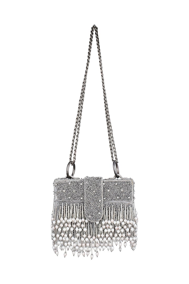 Grey Embroidered Victorian Sling Box Bag by Aanchal Sayal at Pernia's Pop Up Shop