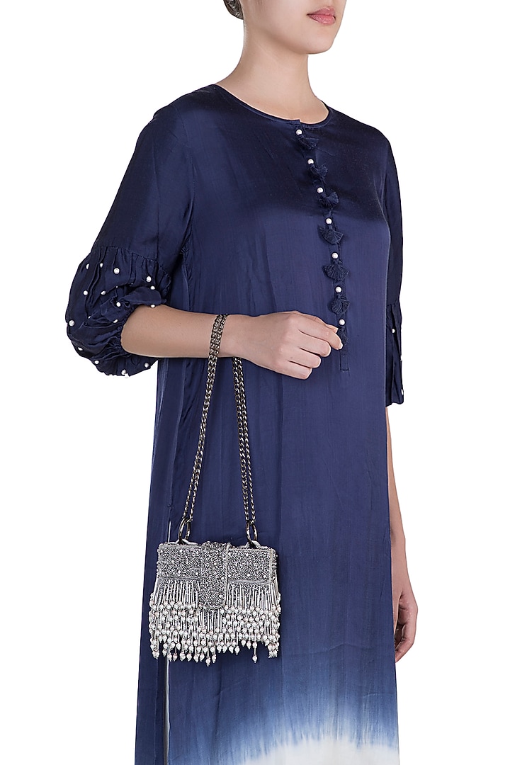 Grey Embroidered Victorian Sling Box Bag by Aanchal Sayal at Pernia's Pop Up Shop