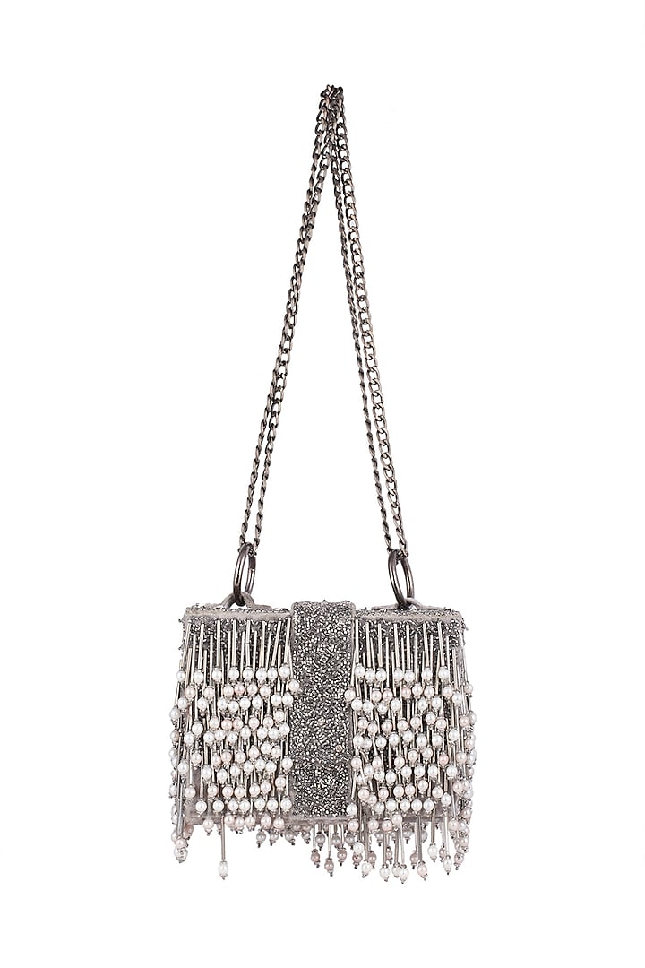 Grey Embroidered Victorian Sling Box Bag by Aanchal Sayal at Pernia's Pop Up Shop