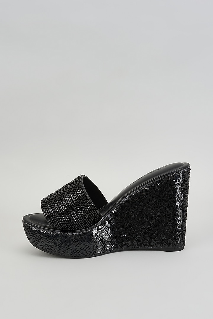 Black Faux Leather Cutdana & Sequins Embroidered Heels by Aanchal Sayal at Pernia's Pop Up Shop
