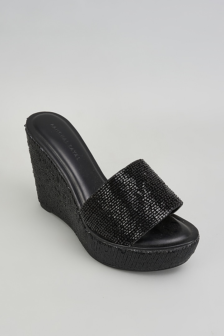 Black Faux Leather Cutdana & Sequins Embroidered Heels by Aanchal Sayal at Pernia's Pop Up Shop