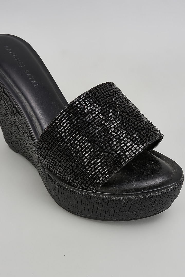 Black Faux Leather Cutdana & Sequins Embroidered Heels by Aanchal Sayal at Pernia's Pop Up Shop