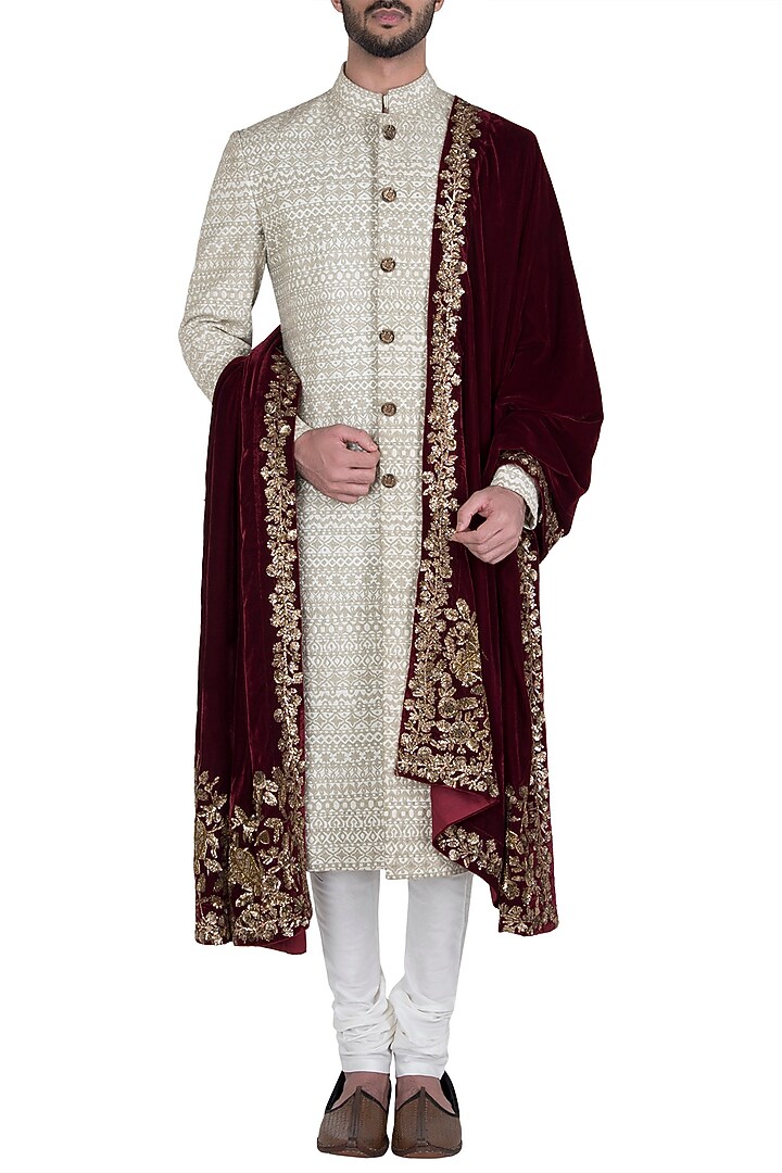 Beige embroidered sherwani set with stole available only at Pernia's Pop Up Shop.