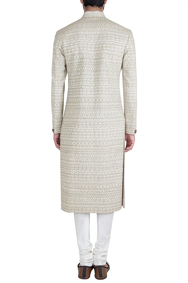 Beige embroidered sherwani set with stole available only at Pernia's Pop Up Shop.