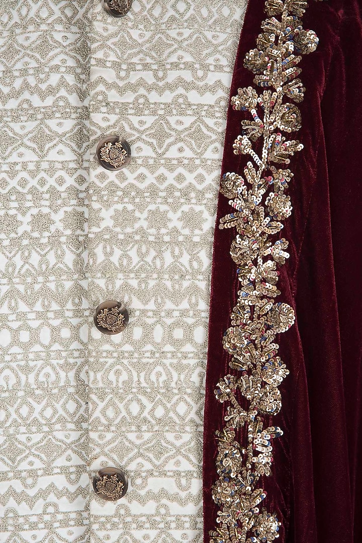 Beige embroidered sherwani set with stole available only at Pernia's Pop Up Shop.