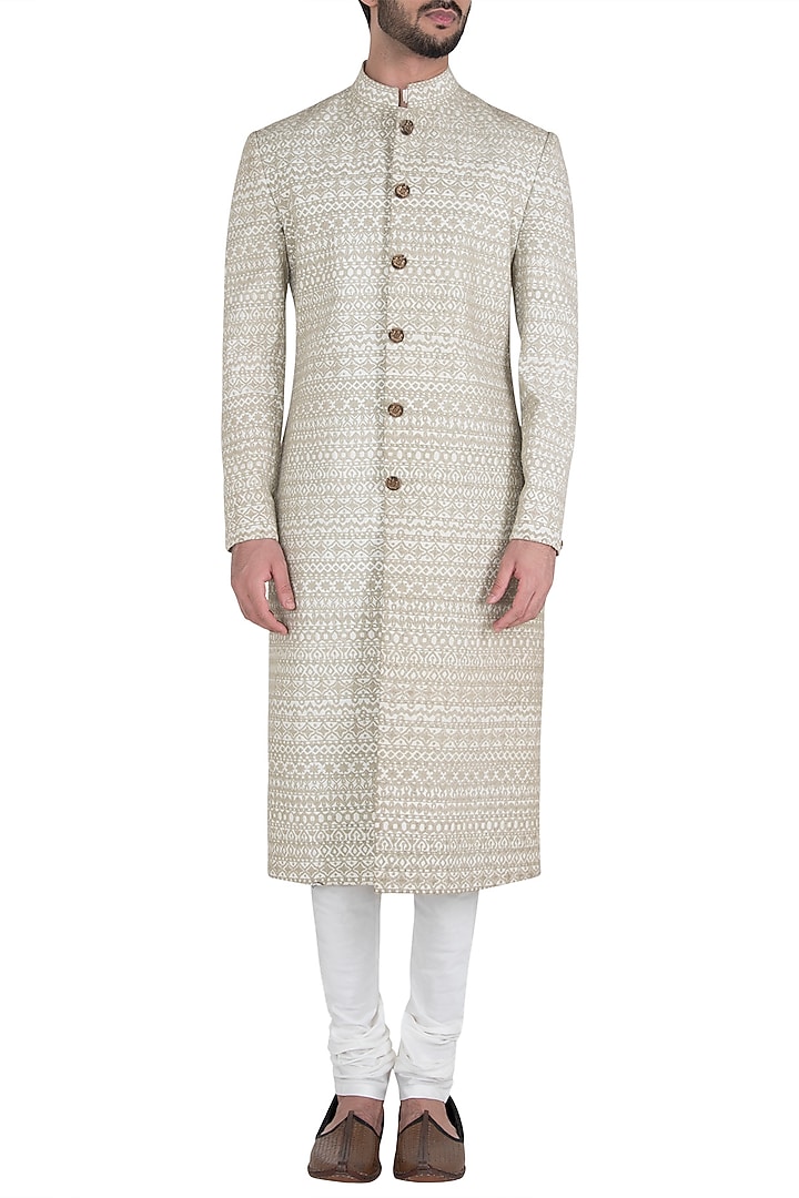 Beige embroidered sherwani set available only at Pernia's Pop Up Shop.