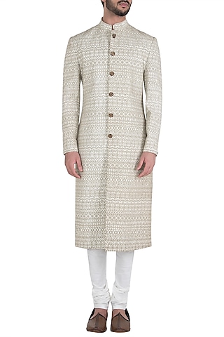 Beige Embroidered Sherwani Set by Aditya Sachdeva