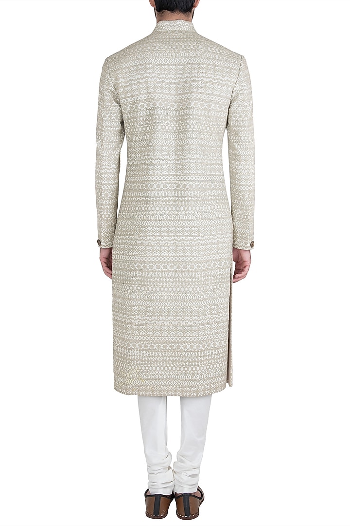 Beige embroidered sherwani set available only at Pernia's Pop Up Shop.