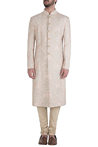 Cream Embroidered Sherwani Set by Aditya Sachdeva