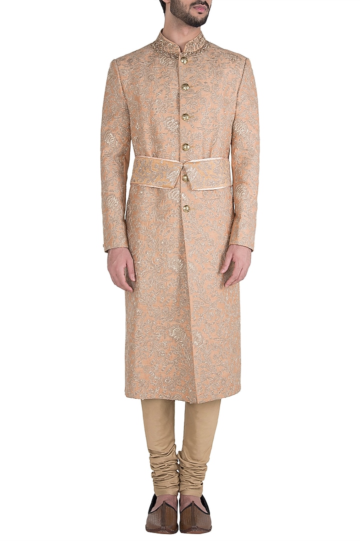 Tan embroidered sherwani set available only at Pernia's Pop Up Shop.