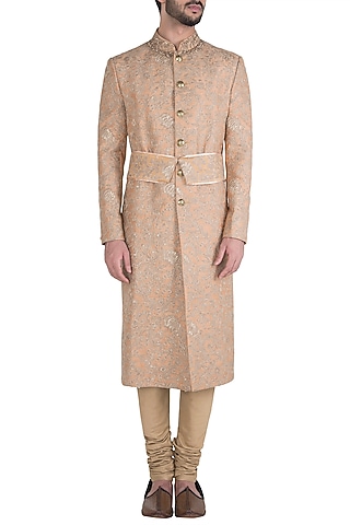 Tan Embroidered Sherwani Set by Aditya Sachdeva