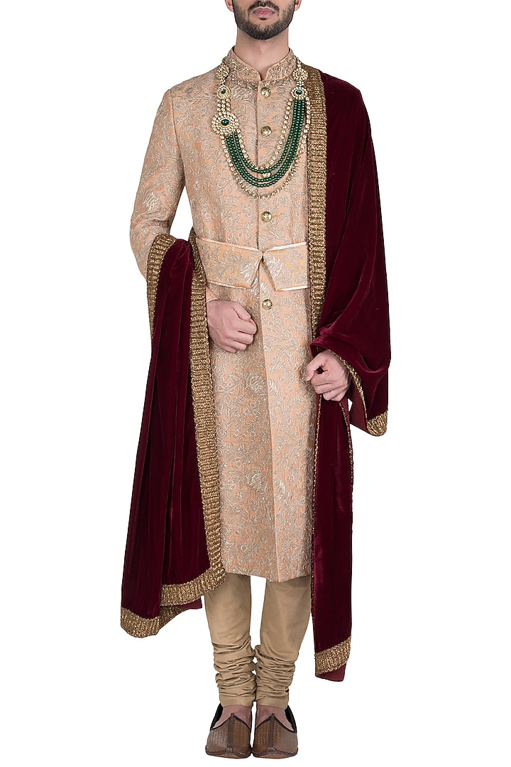 Tan zari and thread embroidered sherwani set available only at Pernia's Pop Up Shop.