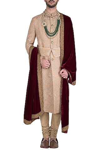 Tan Zari and Thread Embroidered Sherwani Set by Aditya Sachdeva