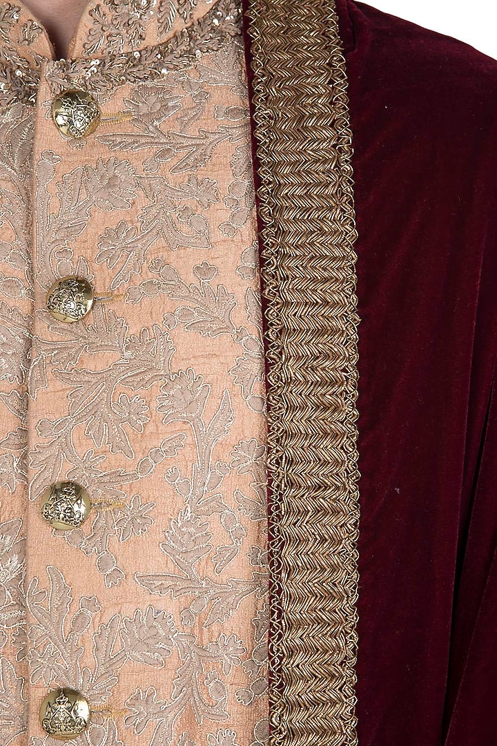 Tan zari and thread embroidered sherwani set available only at Pernia's Pop Up Shop.
