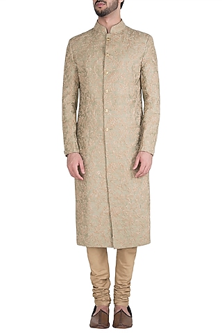 Pista Embroidered Sherwani Set by Aditya Sachdeva