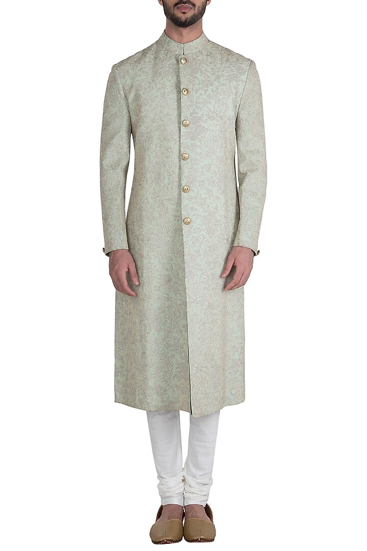 Mint green embroidered sherwani set available only at Pernia's Pop Up Shop.