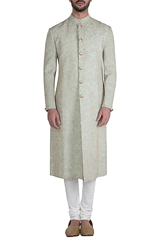 Mint Green Embroidered Sherwani Set by Aditya Sachdeva