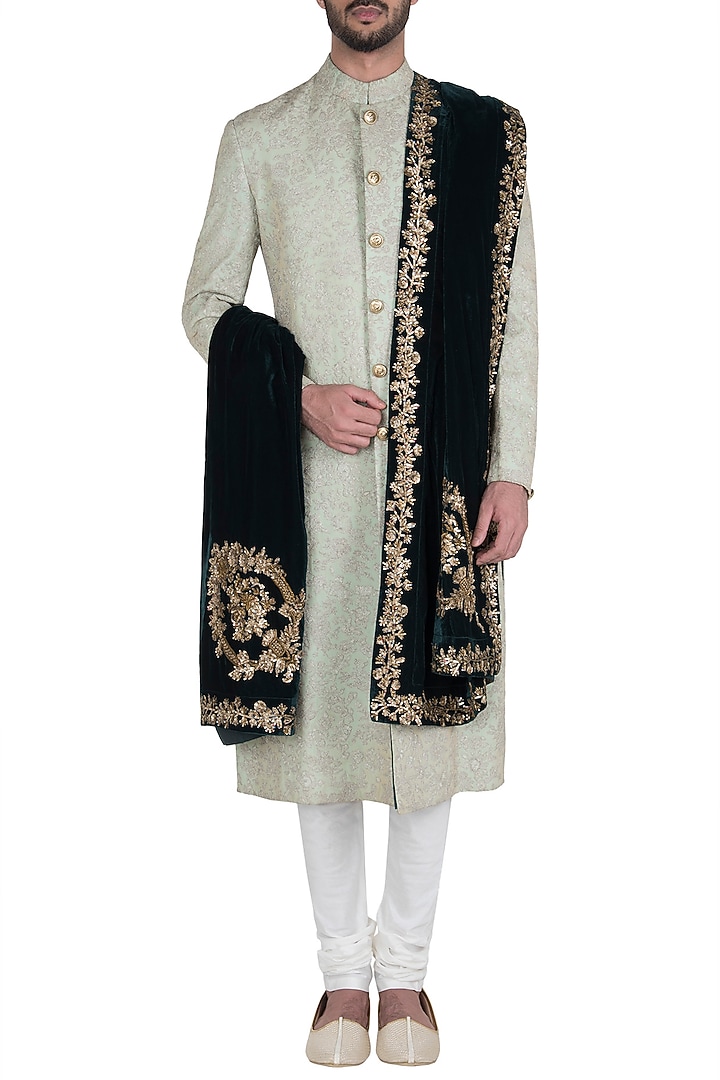 Mint green embroidered sherwani set with stole available only at Pernia's Pop Up Shop.